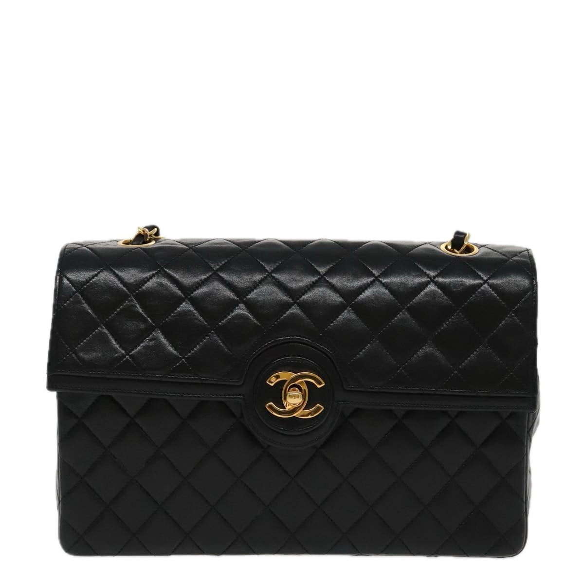 CHANEL Matelasse Turn Lock Chain Hand Bag Lamb Skin Black Gold CC yk15738A