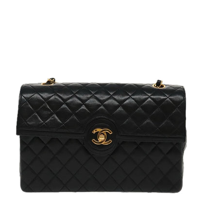 CHANEL Matelasse Turn Lock Chain Hand Bag Lamb Skin Black Gold CC yk15738A