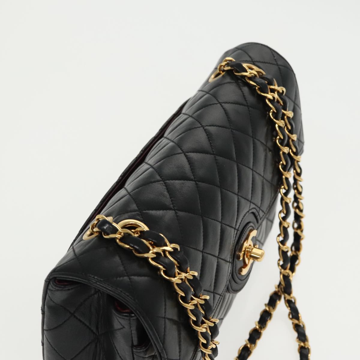 CHANEL Matelasse Turn Lock Chain Hand Bag Lamb Skin Black Gold CC yk15738A