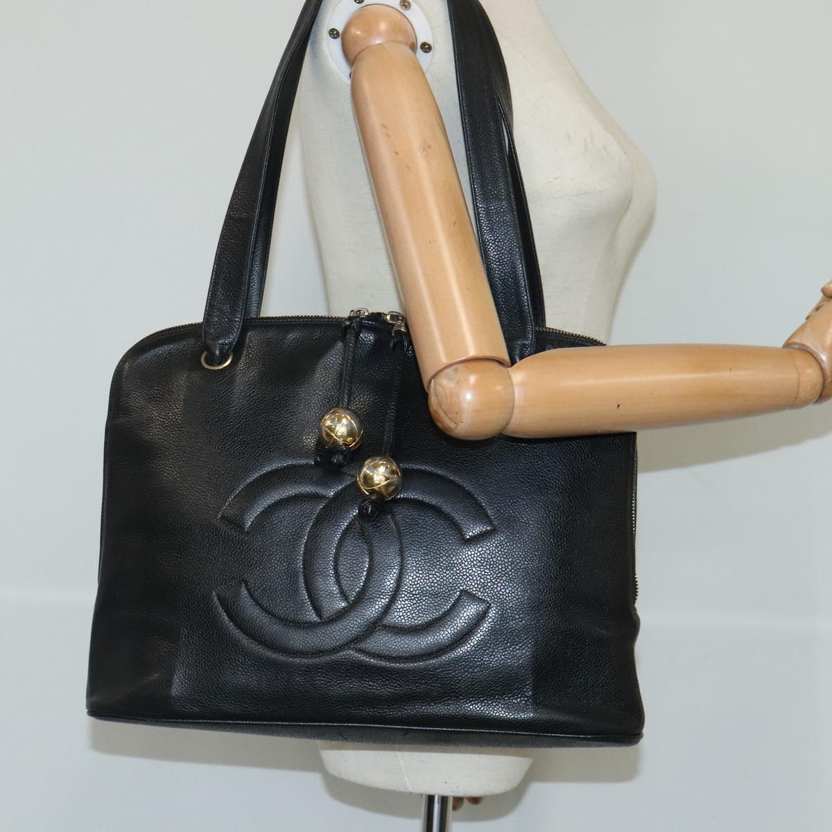 CHANEL COCO Mark Tote Bag Caviar Skin Black Gold CC yk15761