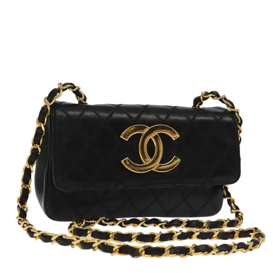 CHANEL Bicolore Chain Deca COCO Mark Bag Lamb Skin Black CC yk15897