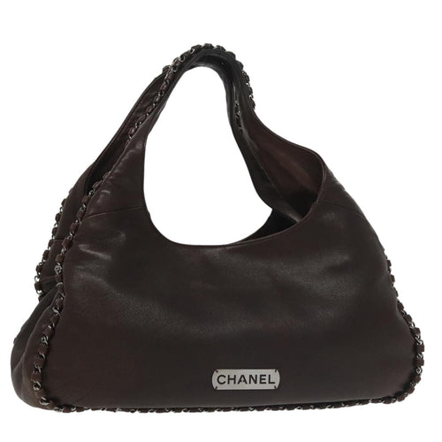 CHANEL Chain Hand Bag Lamb Skin Brown CC yk15907A