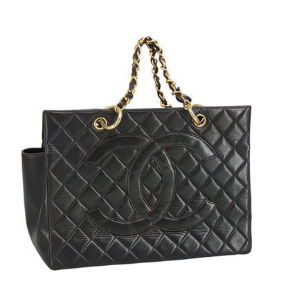 CHANEL Matelasse Chain Hand Bag Lamb Skin Black Gold CC yk15908A