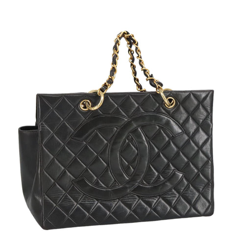 CHANEL Matelasse Chain Hand Bag Lamb Skin Black Gold CC yk15908A