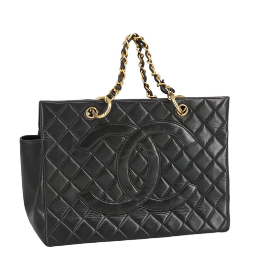 CHANEL Matelasse Chain Hand Bag Lamb Skin Black Gold CC yk15908A