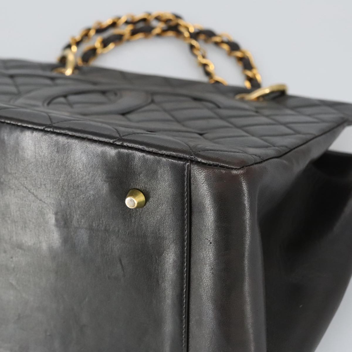 CHANEL Matelasse Chain Hand Bag Lamb Skin Black Gold CC yk15908A