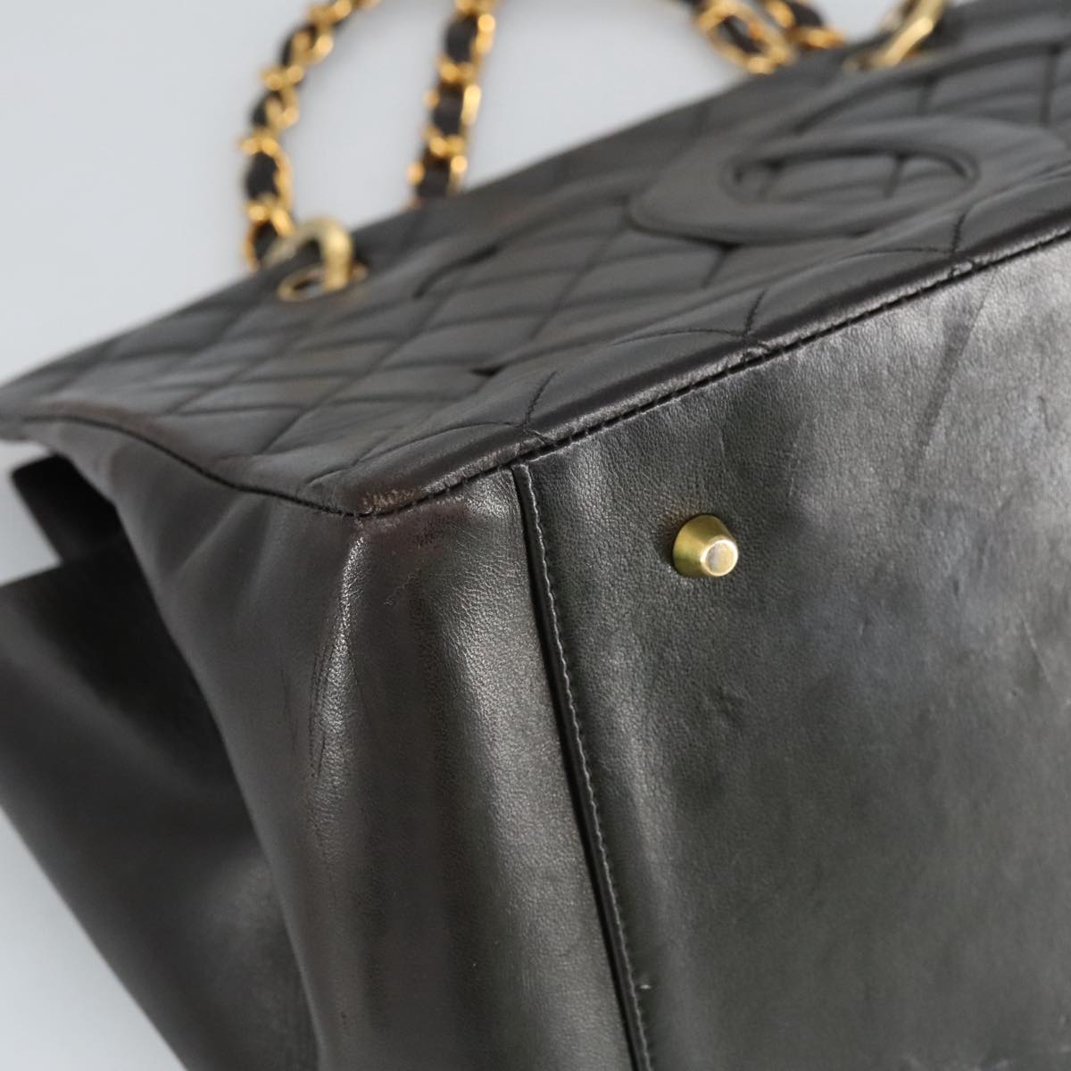 CHANEL Matelasse Chain Hand Bag Lamb Skin Black Gold CC yk15908A