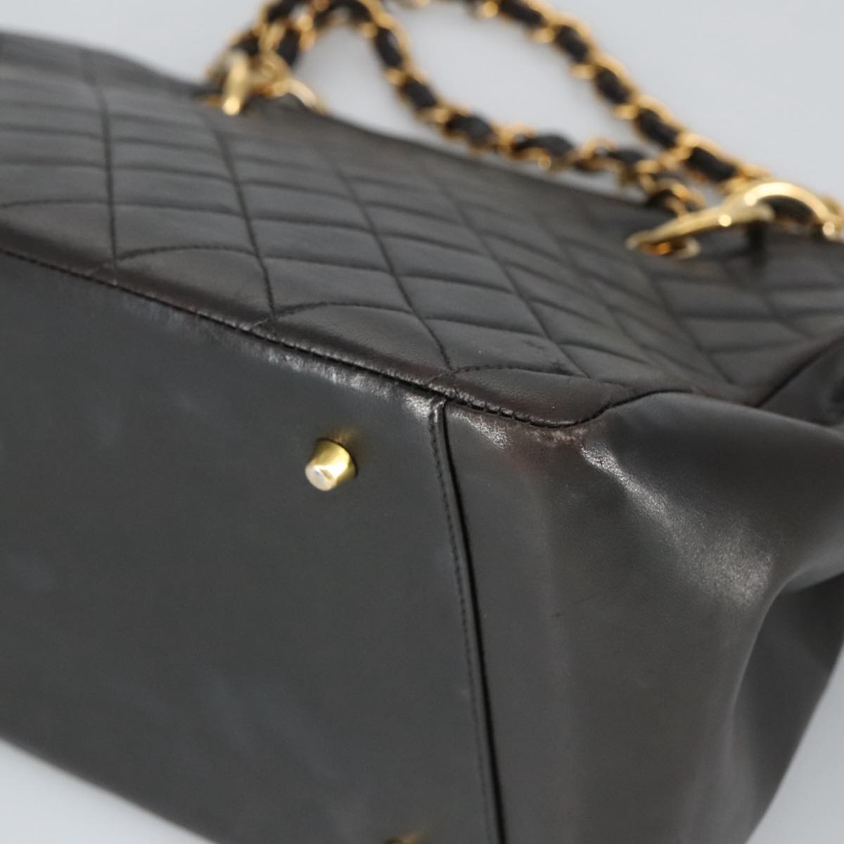 CHANEL Matelasse Chain Hand Bag Lamb Skin Black Gold CC yk15908A