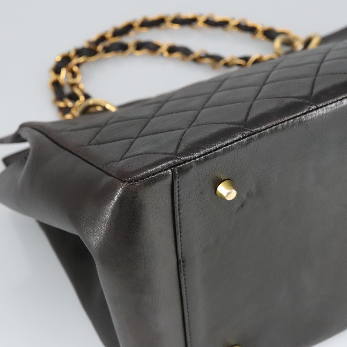 CHANEL Matelasse Chain Hand Bag Lamb Skin Black Gold CC yk15908A