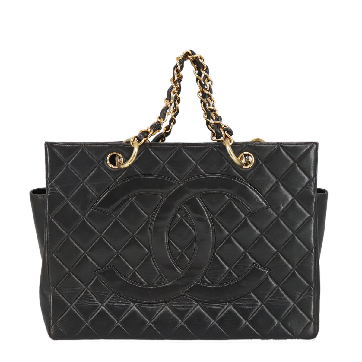 CHANEL Matelasse Chain Hand Bag Lamb Skin Black Gold CC yk15908A