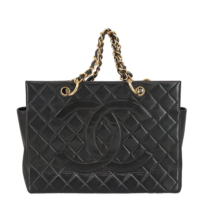 CHANEL Matelasse Chain Hand Bag Lamb Skin Black Gold CC yk15908A