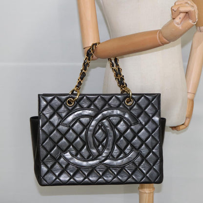CHANEL Matelasse Chain Hand Bag Lamb Skin Black Gold CC yk15908A