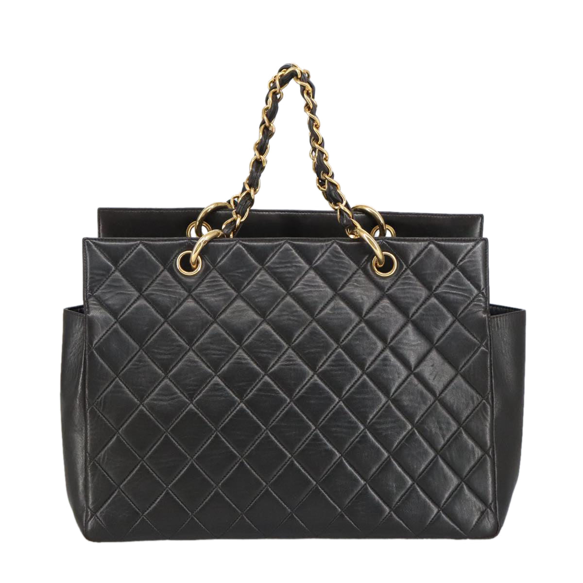 CHANEL Matelasse Chain Hand Bag Lamb Skin Black Gold CC yk15908A