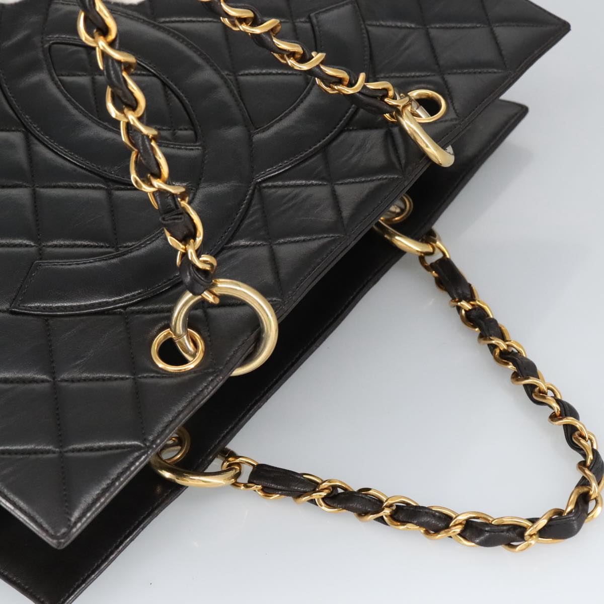 CHANEL Matelasse Chain Hand Bag Lamb Skin Black Gold CC yk15908A