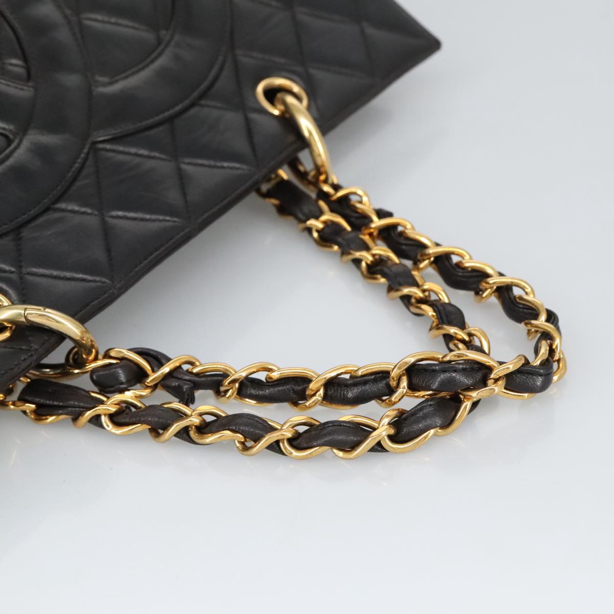 CHANEL Matelasse Chain Hand Bag Lamb Skin Black Gold CC yk15908A