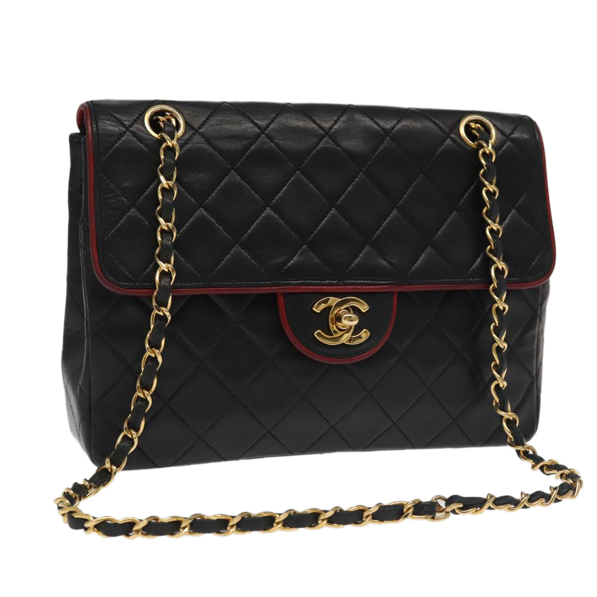 CHANEL Matelasse Turn Lock Chain Bag Lamb Skin Black Gold CC yk15912A