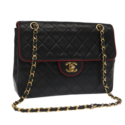 CHANEL Matelasse Turn Lock Chain Bag Lamb Skin Black Gold CC yk15912A