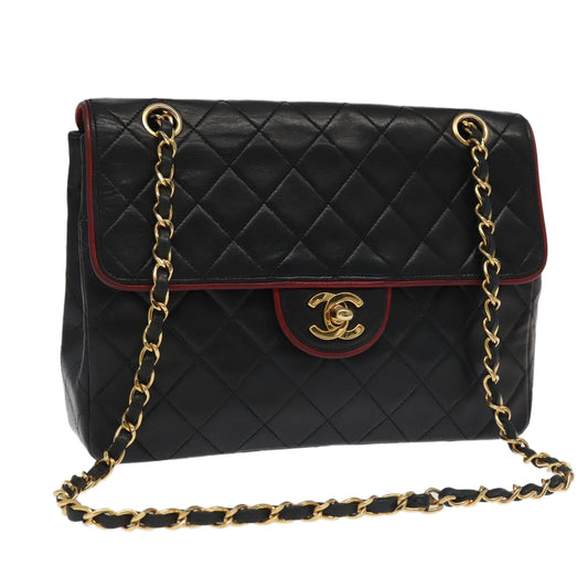 CHANEL Matelasse Turn Lock Chain Bag Lamb Skin Black Gold CC yk15912A
