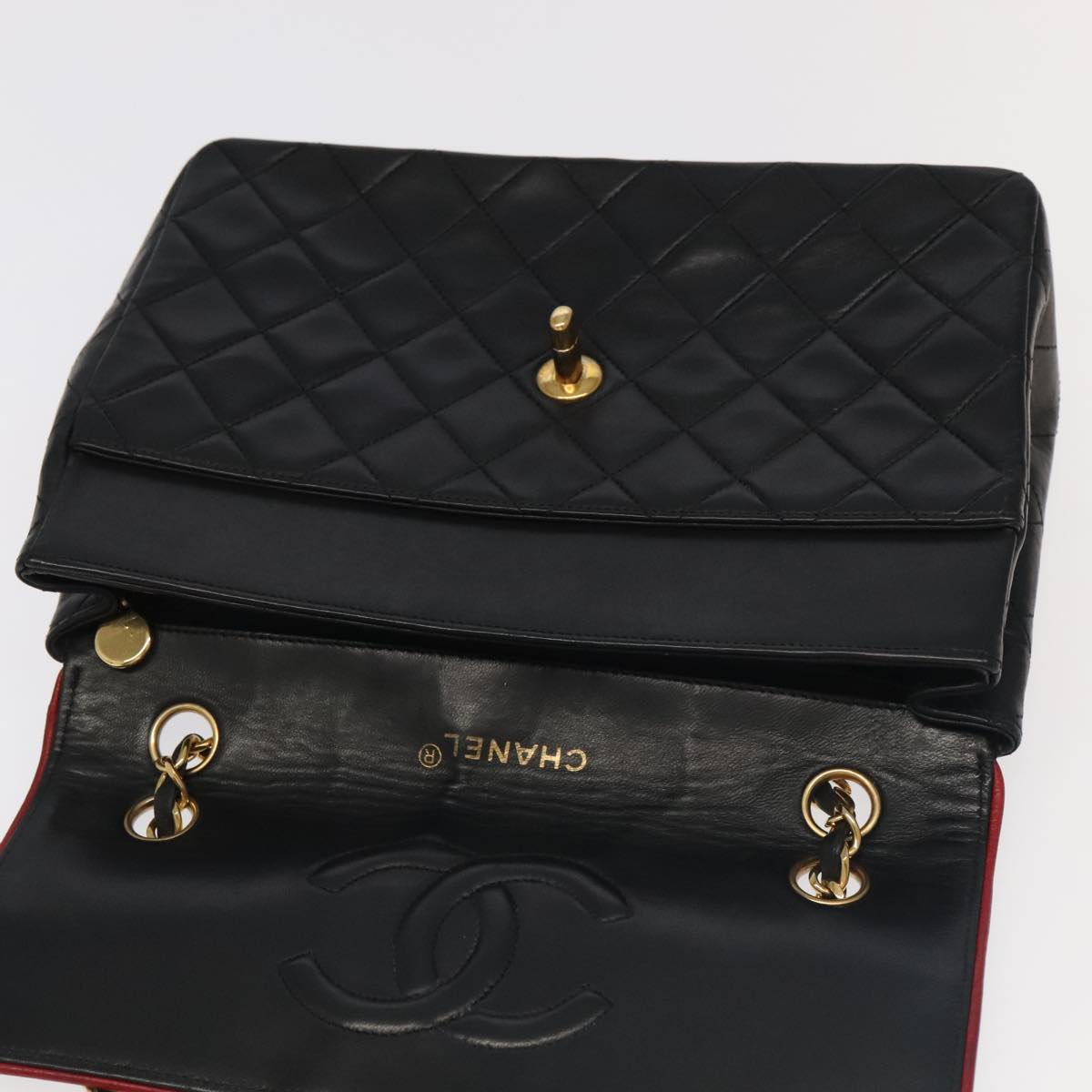 CHANEL Matelasse Turn Lock Chain Bag Lamb Skin Black Gold CC yk15912A