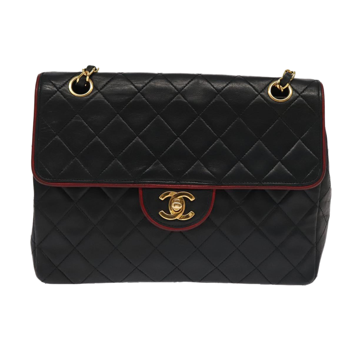 CHANEL Matelasse Turn Lock Chain Bag Lamb Skin Black Gold CC yk15912A