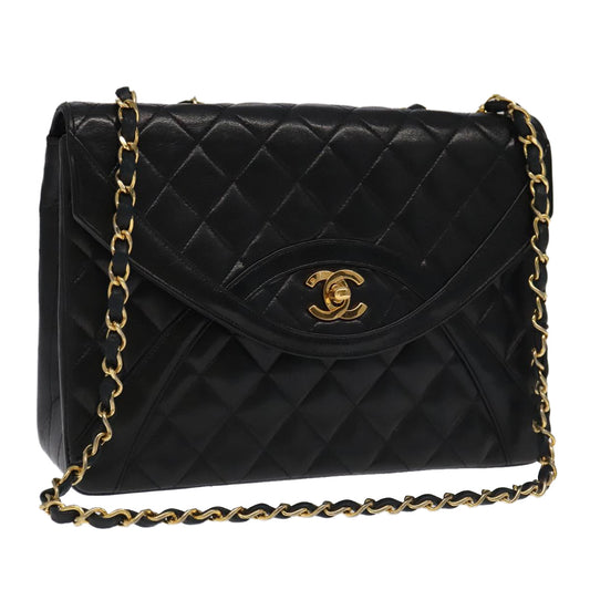 CHANEL Matelasse Chain Hand Bag Lamb Skin Black Gold CC yk15914A