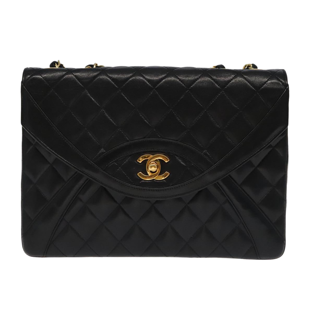 CHANEL Matelasse Chain Hand Bag Lamb Skin Black Gold CC yk15914A