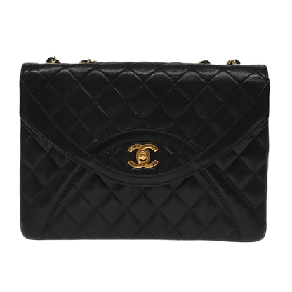 CHANEL Matelasse Chain Hand Bag Lamb Skin Black Gold CC yk15914A