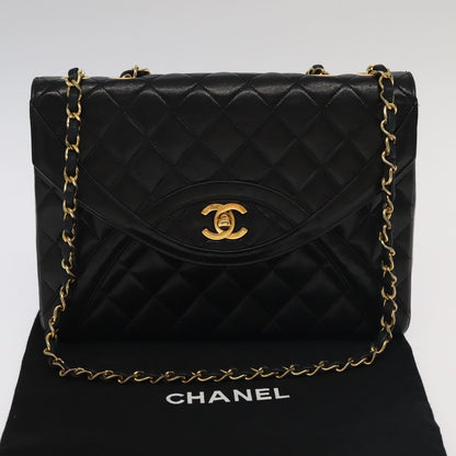 CHANEL Matelasse Chain Hand Bag Lamb Skin Black Gold CC yk15914A