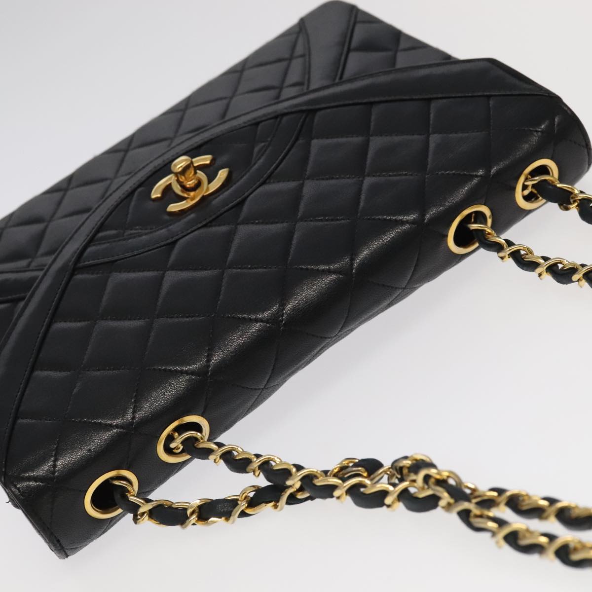 CHANEL Matelasse Chain Hand Bag Lamb Skin Black Gold CC yk15914A