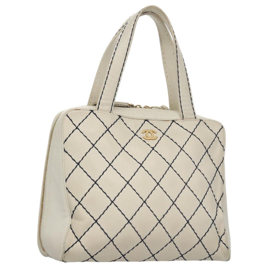 CHANEL Wild stitch Hand Bag Leather White Gold CC yk16095