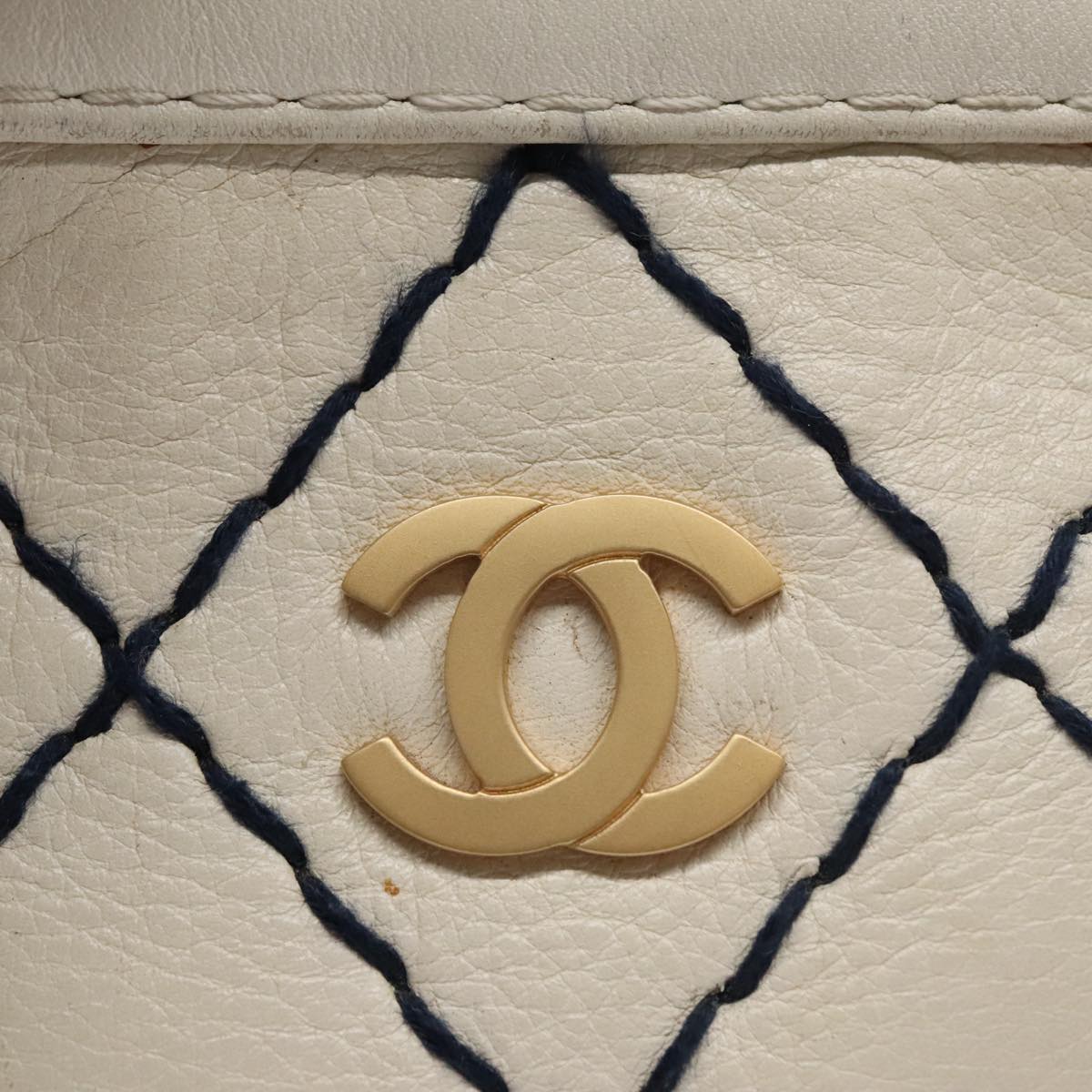 CHANEL Wild stitch Hand Bag Leather White Gold CC yk16095
