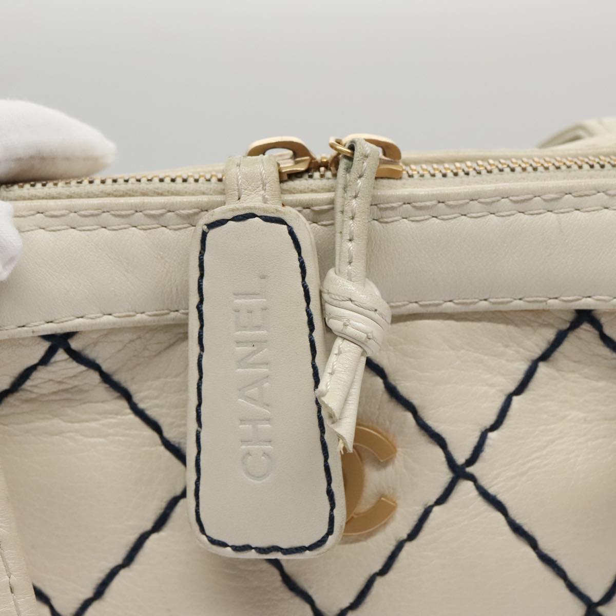 CHANEL Wild stitch Hand Bag Leather White Gold CC yk16095