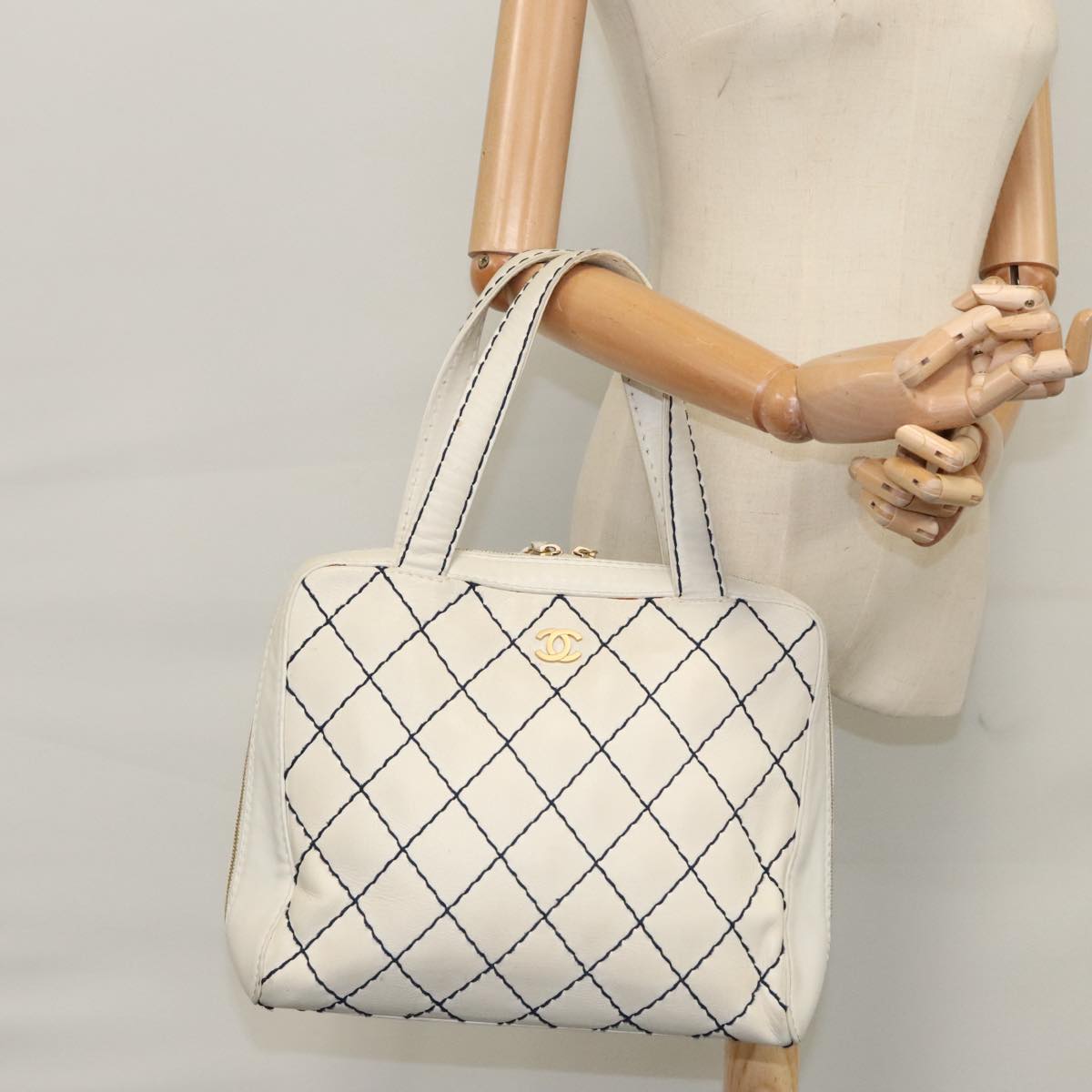 CHANEL Wild stitch Hand Bag Leather White Gold CC yk16095