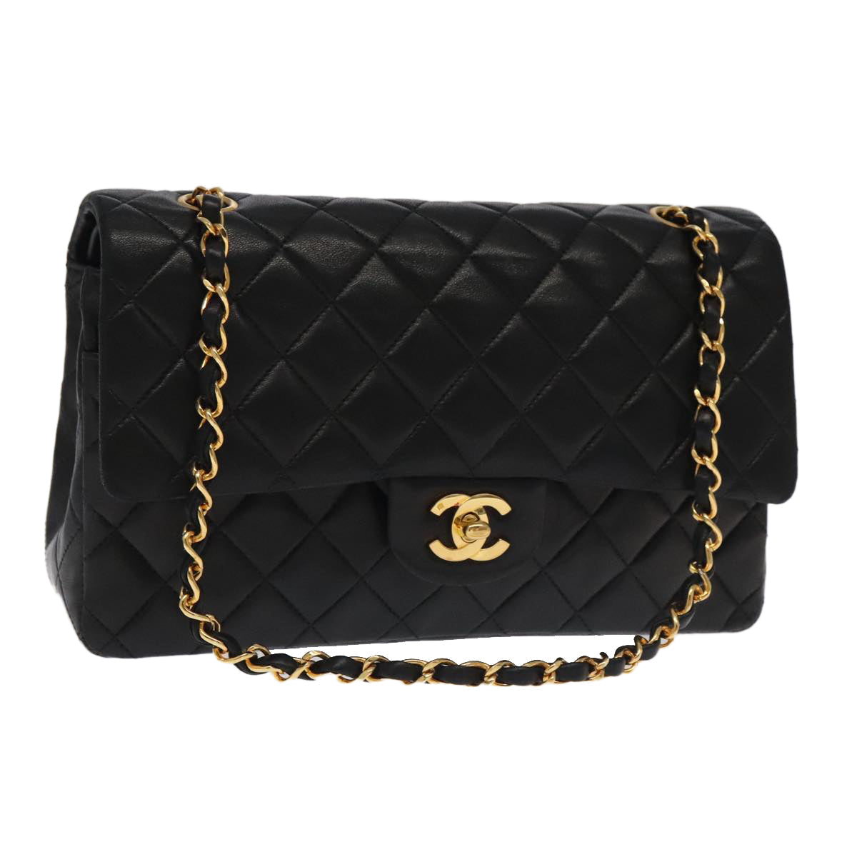 CHANEL Matelasse 25 Double Flap Hand Bag Lamb Skin Black Gold CC yk16193A