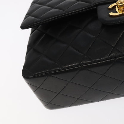 CHANEL Matelasse 25 Double Flap Hand Bag Lamb Skin Black Gold CC yk16193A