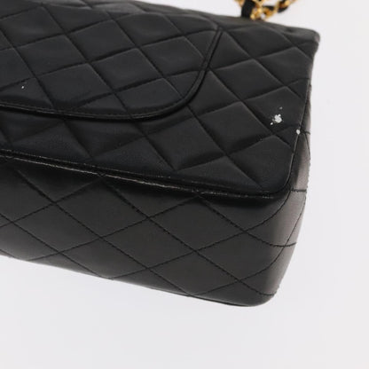 CHANEL Matelasse 25 Double Flap Hand Bag Lamb Skin Black Gold CC yk16193A