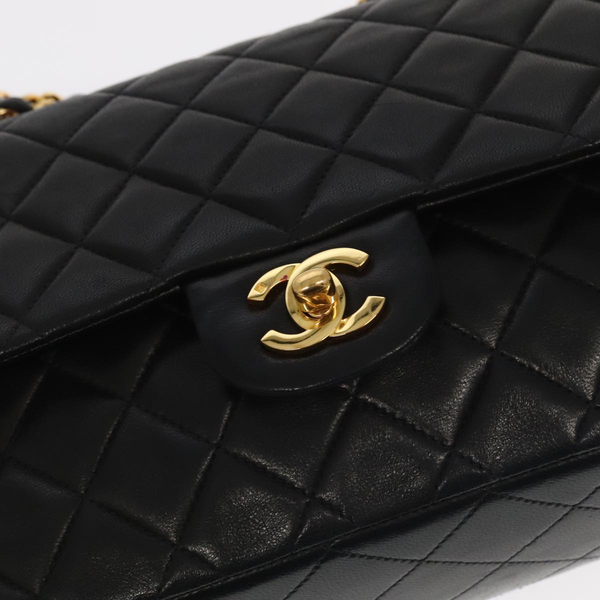 CHANEL Matelasse 25 Double Flap Hand Bag Lamb Skin Black Gold CC yk16193A