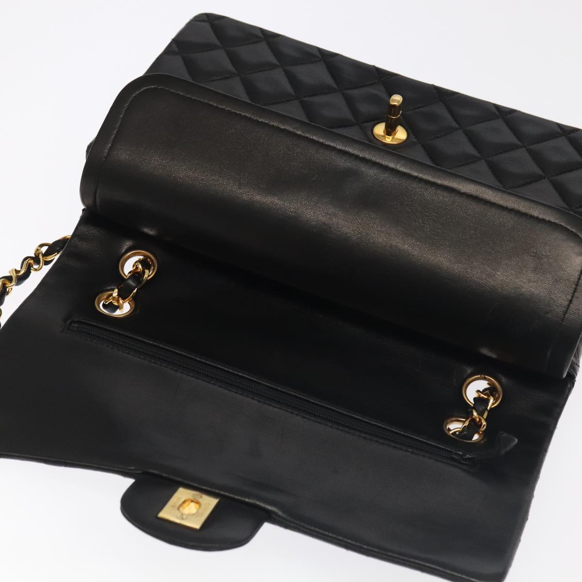 CHANEL Matelasse 25 Double Flap Hand Bag Lamb Skin Black Gold CC yk16193A