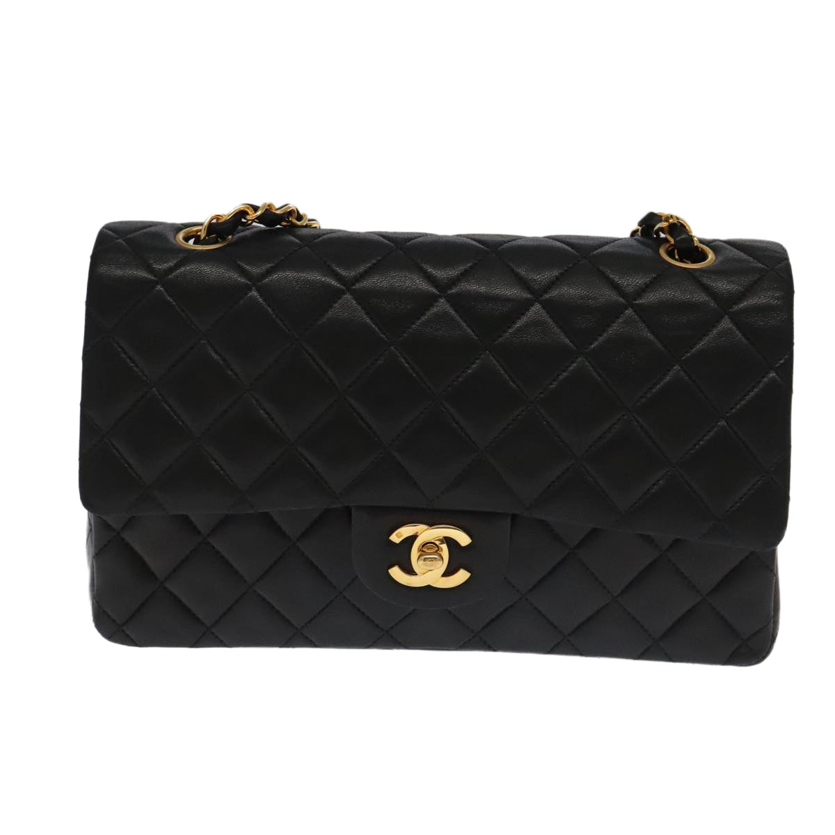 CHANEL Matelasse 25 Double Flap Hand Bag Lamb Skin Black Gold CC yk16193A