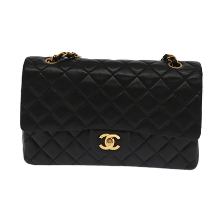 CHANEL Matelasse 25 Double Flap Hand Bag Lamb Skin Black Gold CC yk16193A