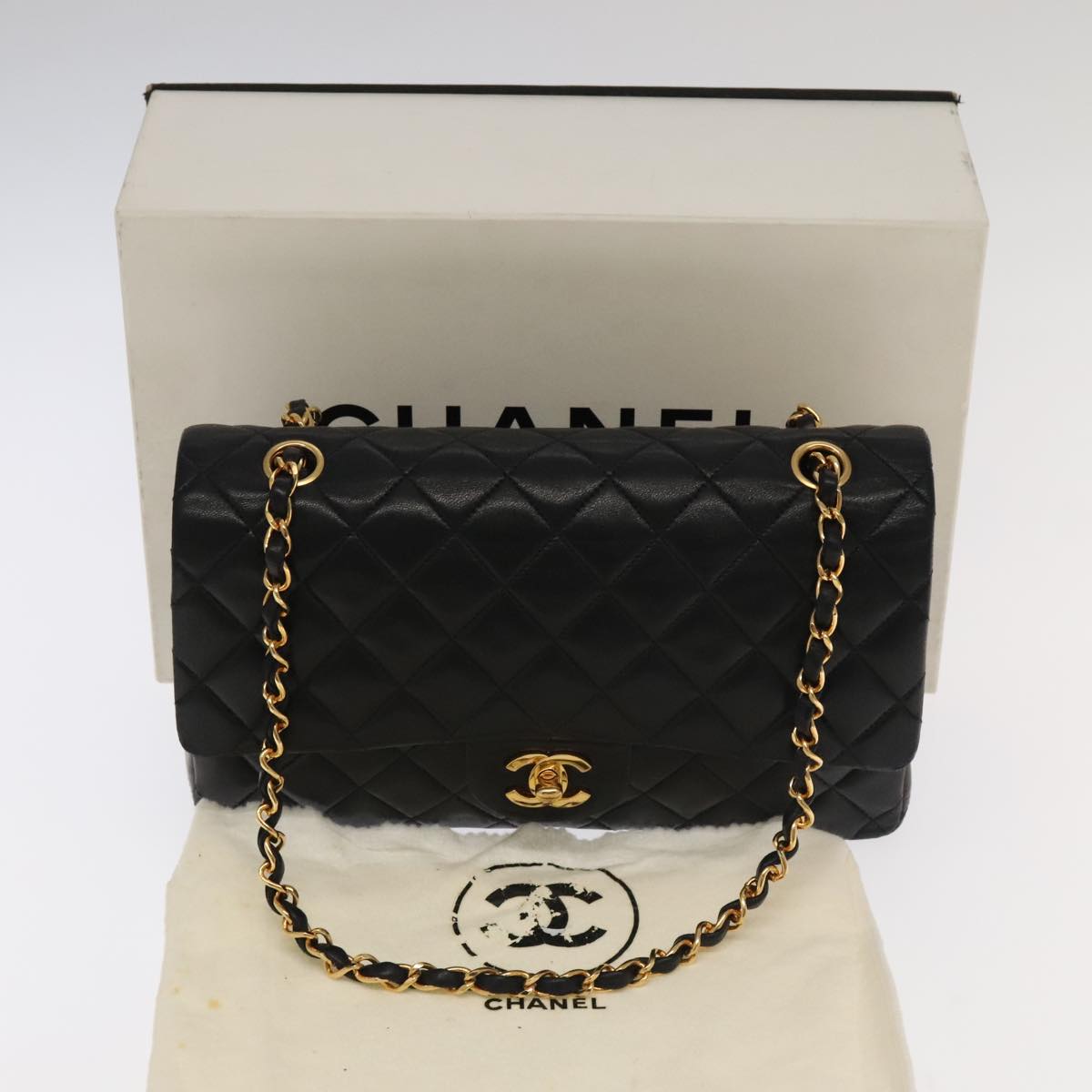 CHANEL Matelasse 25 Double Flap Hand Bag Lamb Skin Black Gold CC yk16193A