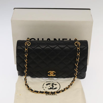 CHANEL Matelasse 25 Double Flap Hand Bag Lamb Skin Black Gold CC yk16193A