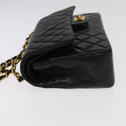 CHANEL Matelasse 25 Double Flap Hand Bag Lamb Skin Black Gold CC yk16193A