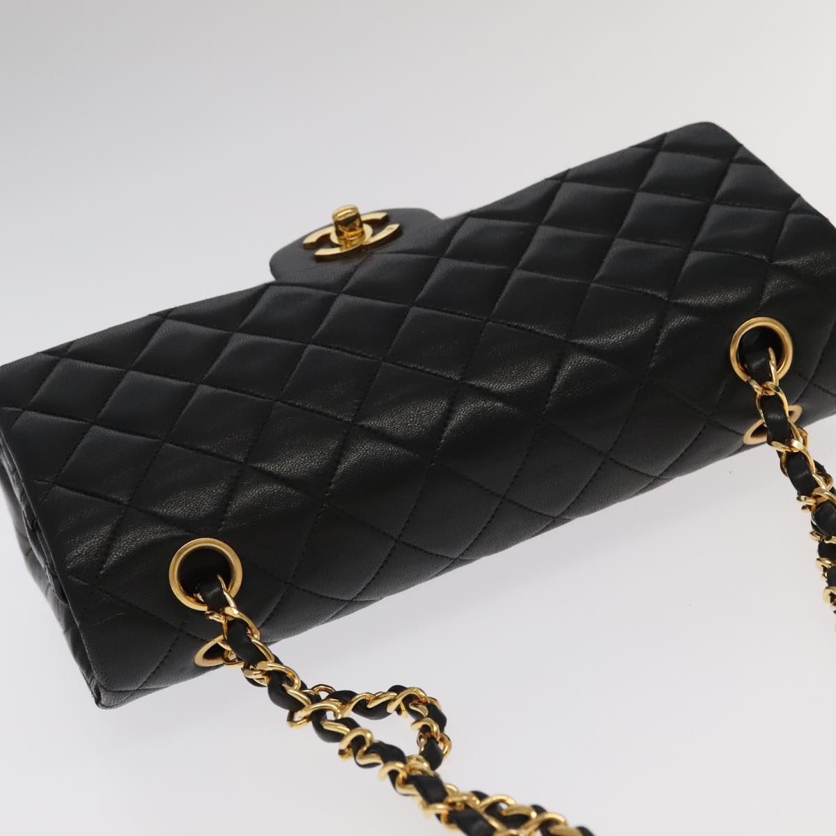 CHANEL Matelasse 25 Double Flap Hand Bag Lamb Skin Black Gold CC yk16193A