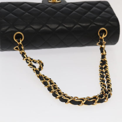 CHANEL Matelasse 25 Double Flap Hand Bag Lamb Skin Black Gold CC yk16193A