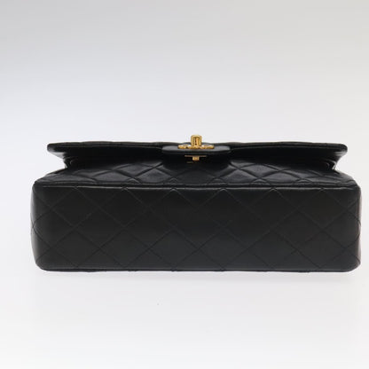 CHANEL Matelasse 25 Double Flap Hand Bag Lamb Skin Black Gold CC yk16193A