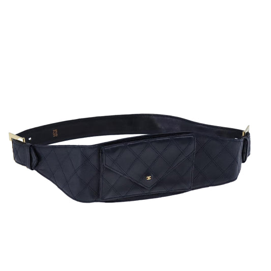 CHANEL Bicolore Waist Pouch Lamb Skin Navy Gold CC yk16227