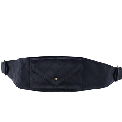 CHANEL Bicolore Waist Pouch Lamb Skin Navy Gold CC yk16227