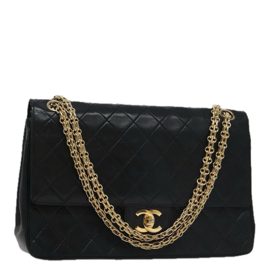 CHANEL Matelasse Chain Hand Bag Lamb Skin Vintage Black Gold CC yk16436