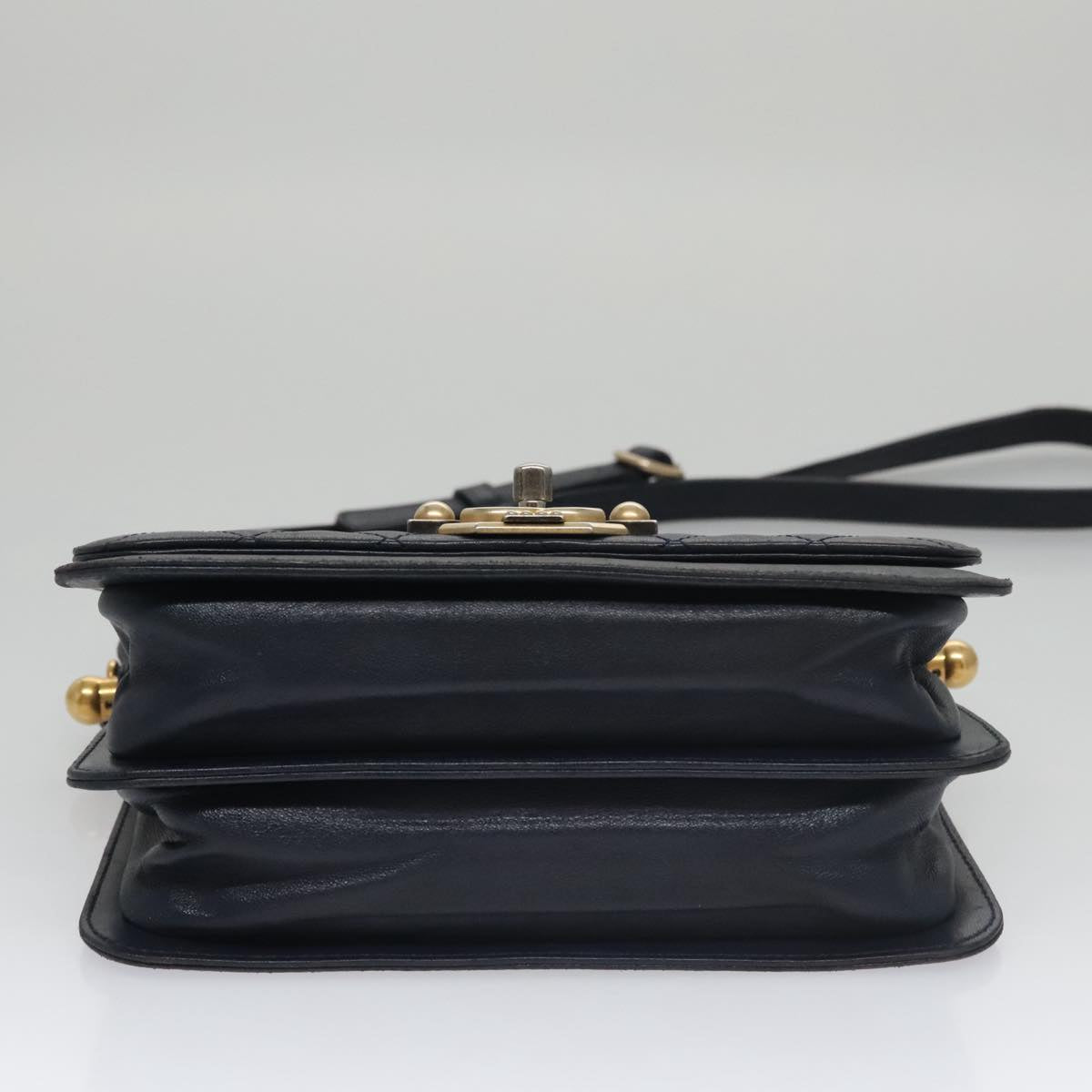 CHANEL Matelasse Turn Lock Chain Hand Bag Leather 2way Navy Gold CC yk16451